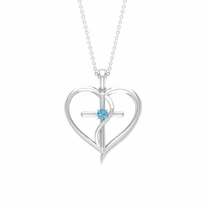 0.25 CT Aquamarine Cross Heart Pendant Necklace in Prong Setting