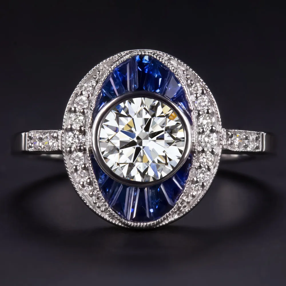 0.90ct GIA CERTIFIED DIAMOND SAPPHIRE COCKTAIL RING VINTAGE STYLE 14k WHITE GOLD