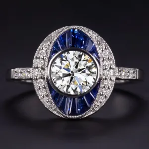 0.90ct GIA CERTIFIED DIAMOND SAPPHIRE COCKTAIL RING VINTAGE STYLE 14k WHITE GOLD