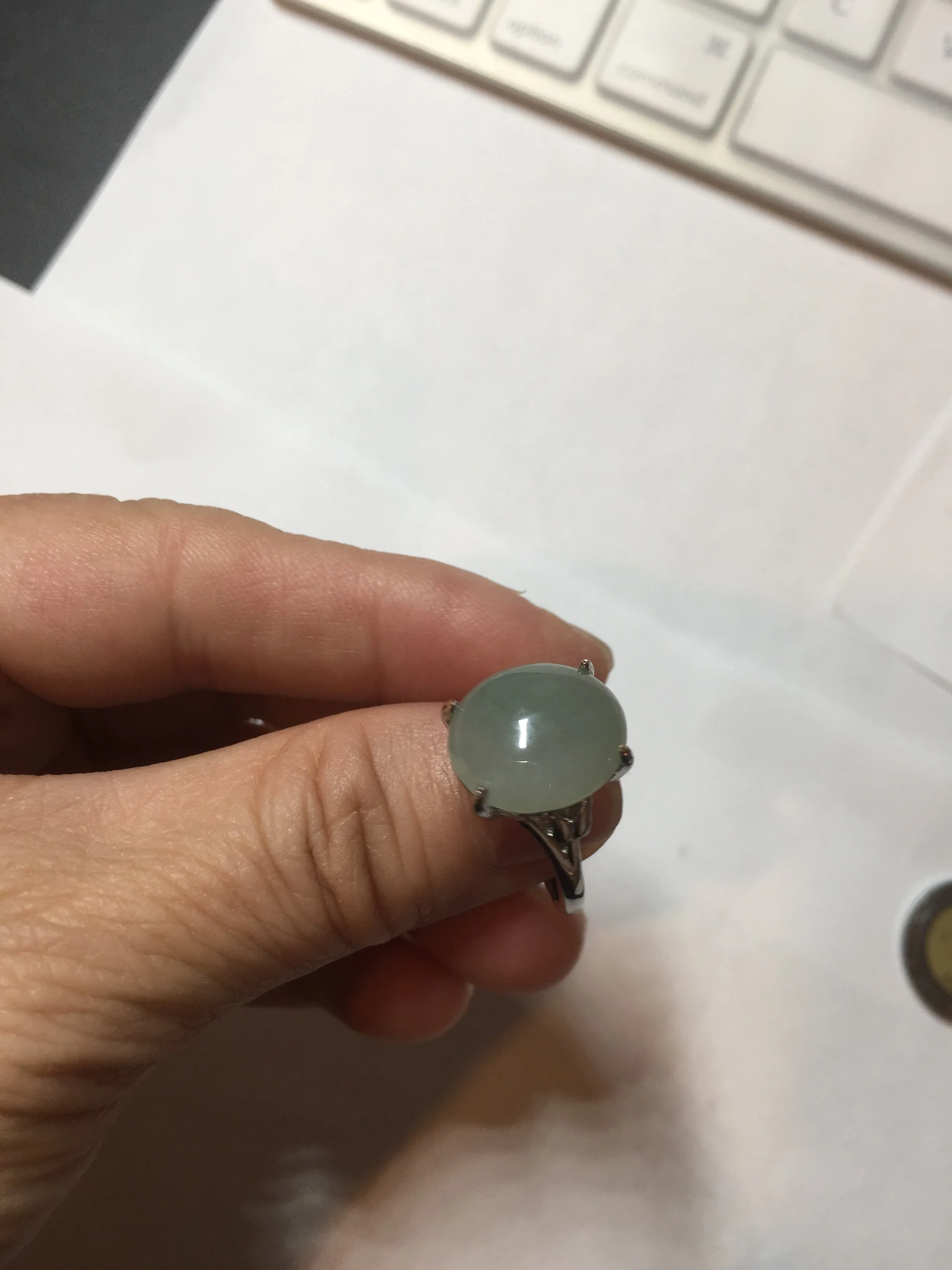 100% natural type A icy watery light green gray four-prong jadeite jade ring BP137