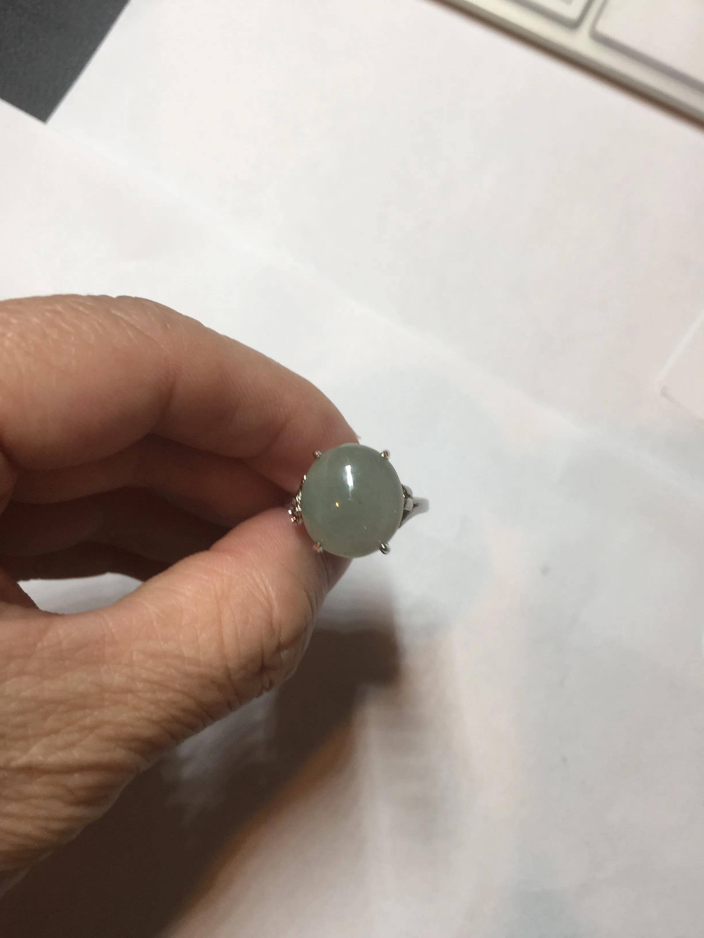 100% natural type A icy watery light green gray four-prong jadeite jade ring BP137