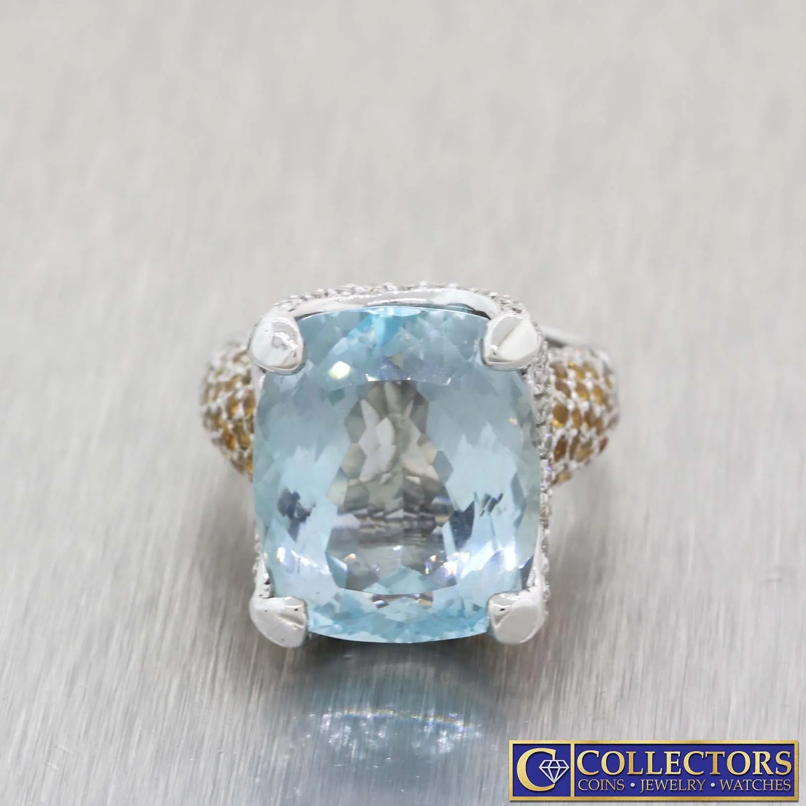 14k Gold 15.07ct Natural Aquamarine Diamond Sapphire Cocktail Ring AGI $10500 G8