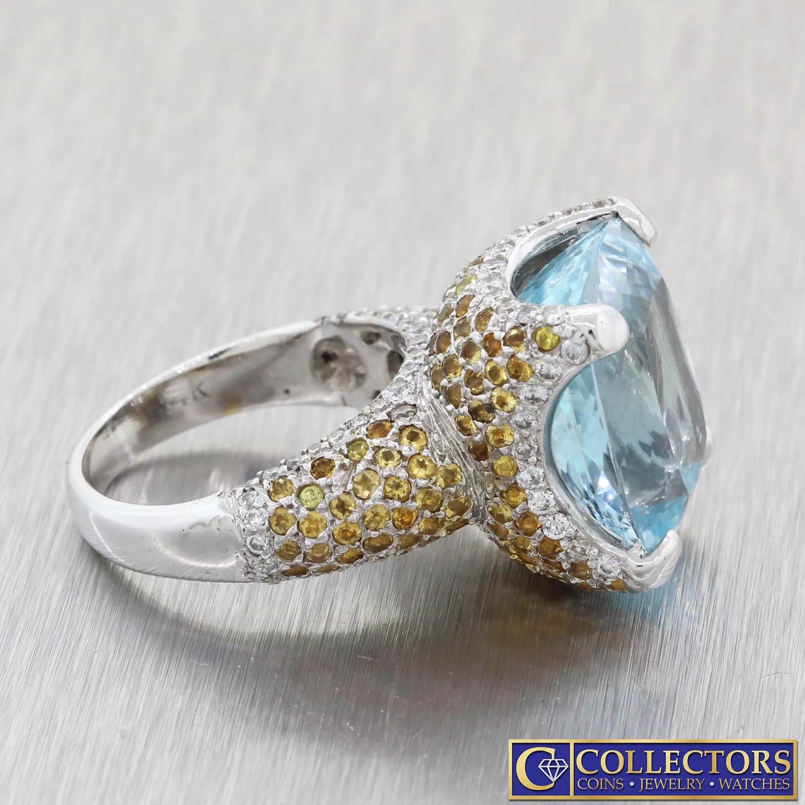 14k Gold 15.07ct Natural Aquamarine Diamond Sapphire Cocktail Ring AGI $10500 G8