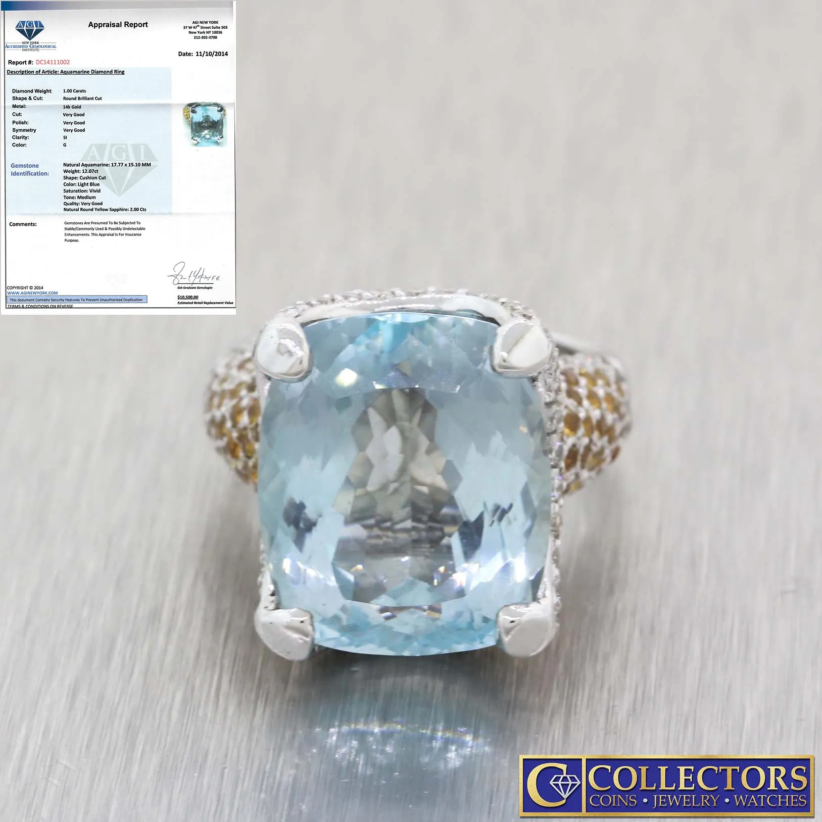 14k Gold 15.07ct Natural Aquamarine Diamond Sapphire Cocktail Ring AGI $10500 G8