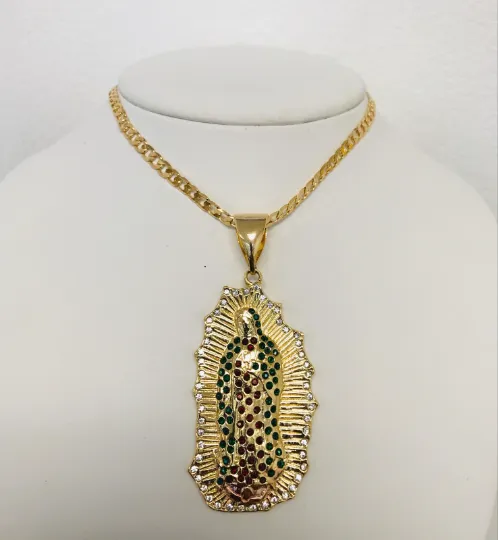 14K Gold Filled Virgen de Guadalpe Necklace 24” Pendant CZ Stones Mexican Flag 56x30mm