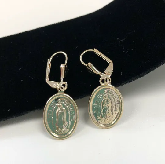 14K Gold Filled Virgen de Guadalupe Dangling Earrings Lever Back Womens Girls