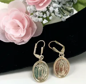 14K Gold Filled Virgen de Guadalupe Dangling Earrings Lever Back Womens Girls