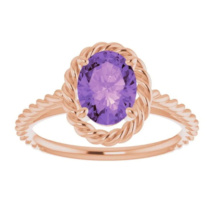 14K Rose Natural Amethyst Rope Ring