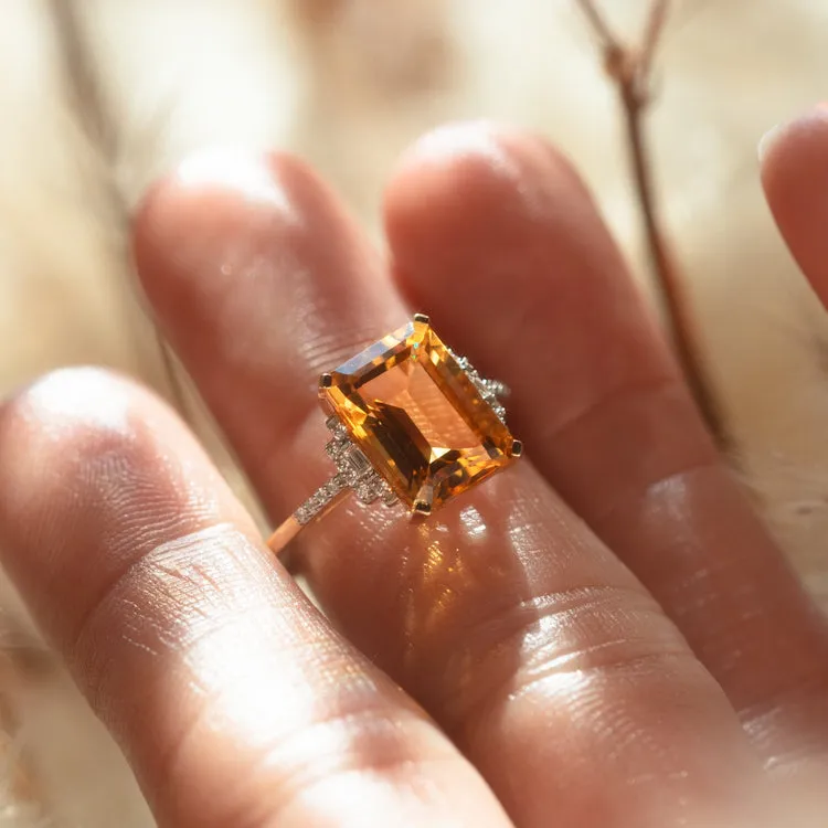 14k Solid Gold Citrine and Diamond Deco Ring