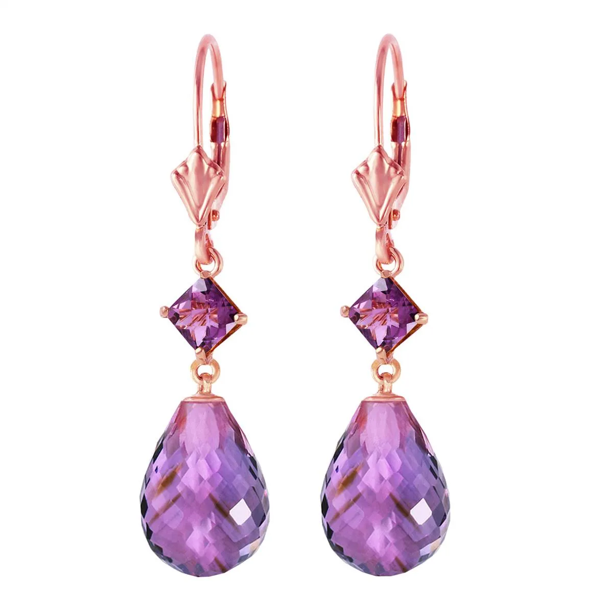 14K Solid Rose Gold Leverback Earrings Amethyst Jewelry