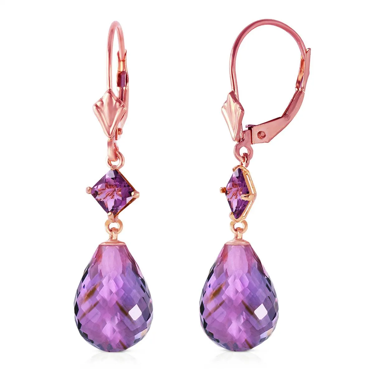 14K Solid Rose Gold Leverback Earrings Amethyst Jewelry