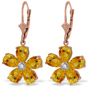 14K Solid Rose Gold Leverback Earrings Citrine & Diamond Jewelry