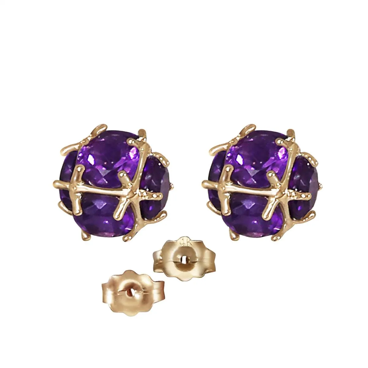 14K Solid Yellow Gold Stud Earrings w/ Natural Amethysts