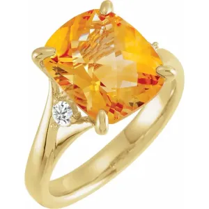 14K Yellow Natural Checkerboard Citrine & 1/6 CTW Natural Diamond Ring