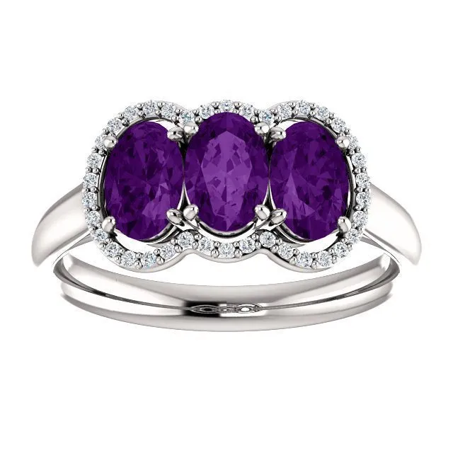 14KT GOLD 1.32 CTW AMETHYST & .10 CTW DIAMOND 3 STONE OVAL HALO RING