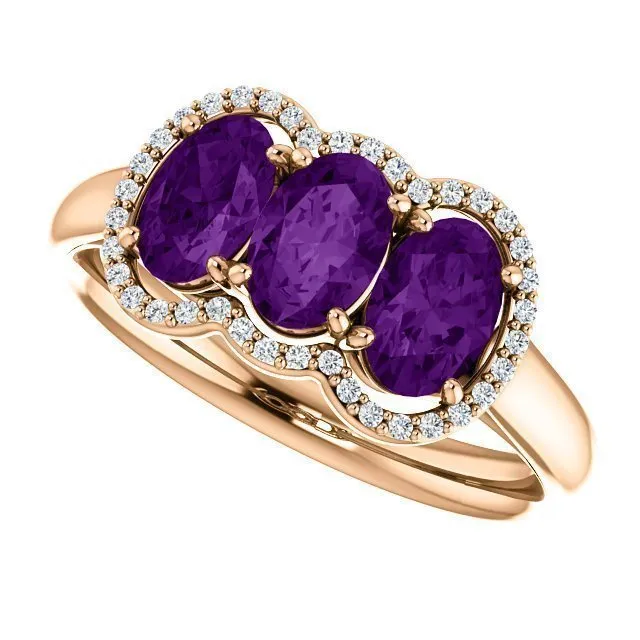 14KT GOLD 1.32 CTW AMETHYST & .10 CTW DIAMOND 3 STONE OVAL HALO RING