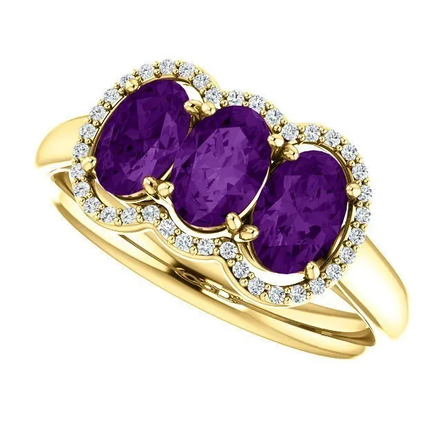 14KT GOLD 1.32 CTW AMETHYST & .10 CTW DIAMOND 3 STONE OVAL HALO RING