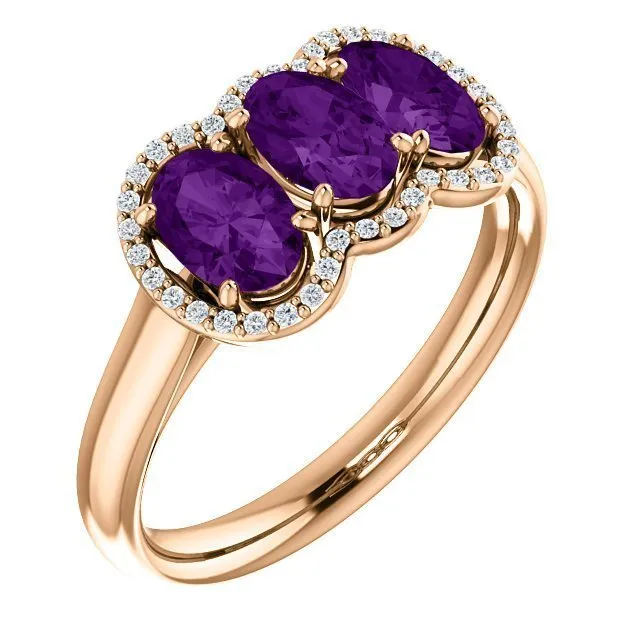 14KT GOLD 1.32 CTW AMETHYST & .10 CTW DIAMOND 3 STONE OVAL HALO RING