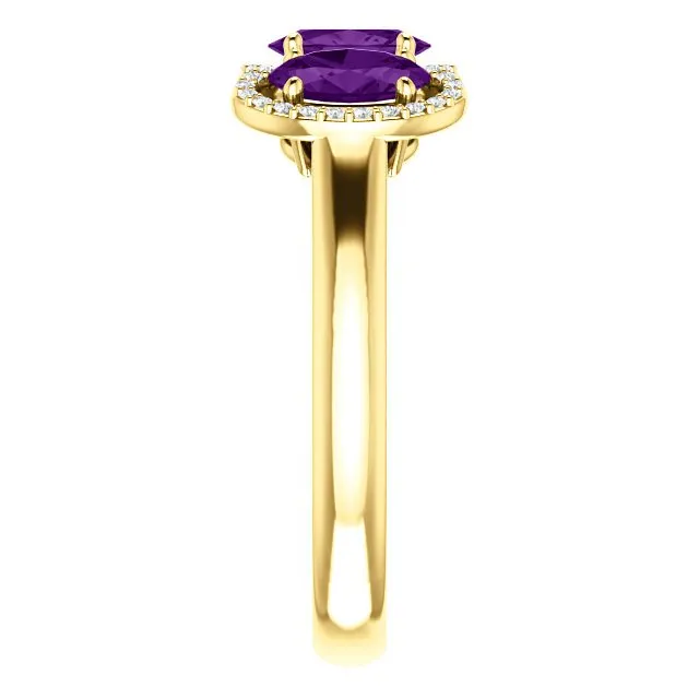 14KT GOLD 1.32 CTW AMETHYST & .10 CTW DIAMOND 3 STONE OVAL HALO RING