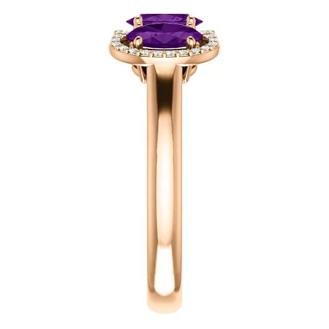 14KT GOLD 1.32 CTW AMETHYST & .10 CTW DIAMOND 3 STONE OVAL HALO RING