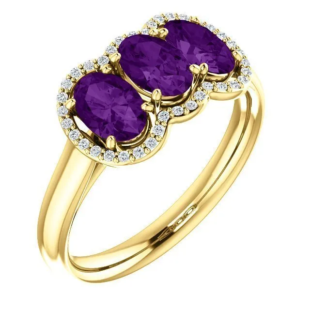 14KT GOLD 1.32 CTW AMETHYST & .10 CTW DIAMOND 3 STONE OVAL HALO RING