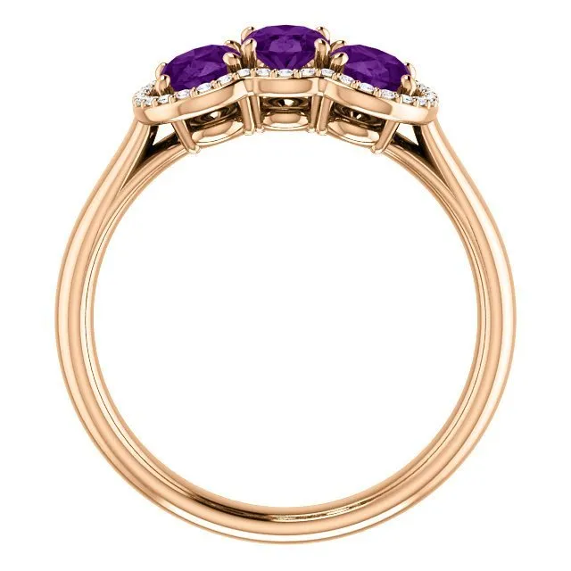 14KT GOLD 1.32 CTW AMETHYST & .10 CTW DIAMOND 3 STONE OVAL HALO RING