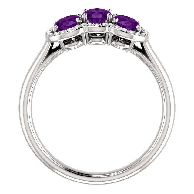 14KT GOLD 1.32 CTW AMETHYST & .10 CTW DIAMOND 3 STONE OVAL HALO RING