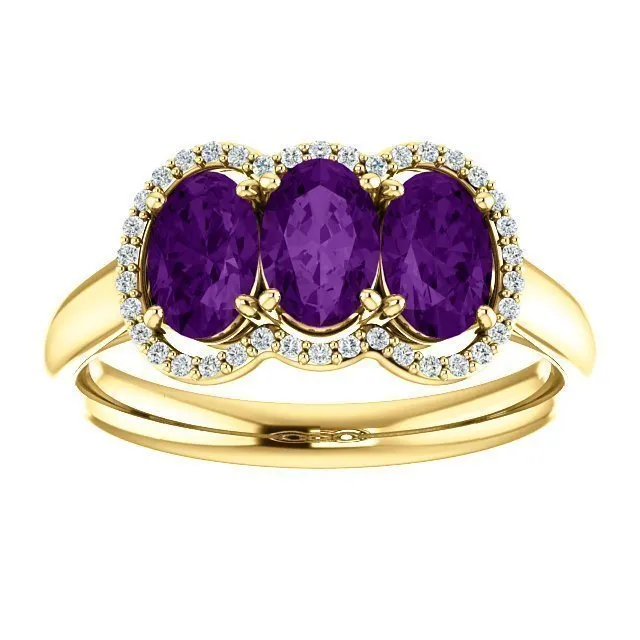 14KT GOLD 1.32 CTW AMETHYST & .10 CTW DIAMOND 3 STONE OVAL HALO RING