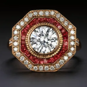 1.5ct DIAMOND RUBY COCKTAIL RING CERTIFIED VINTAGE STYLE HALO ROSE GOLD ROUND