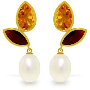 16 Carat 14K Solid Yellow Gold Earrings Citrine, Garnet Pearl