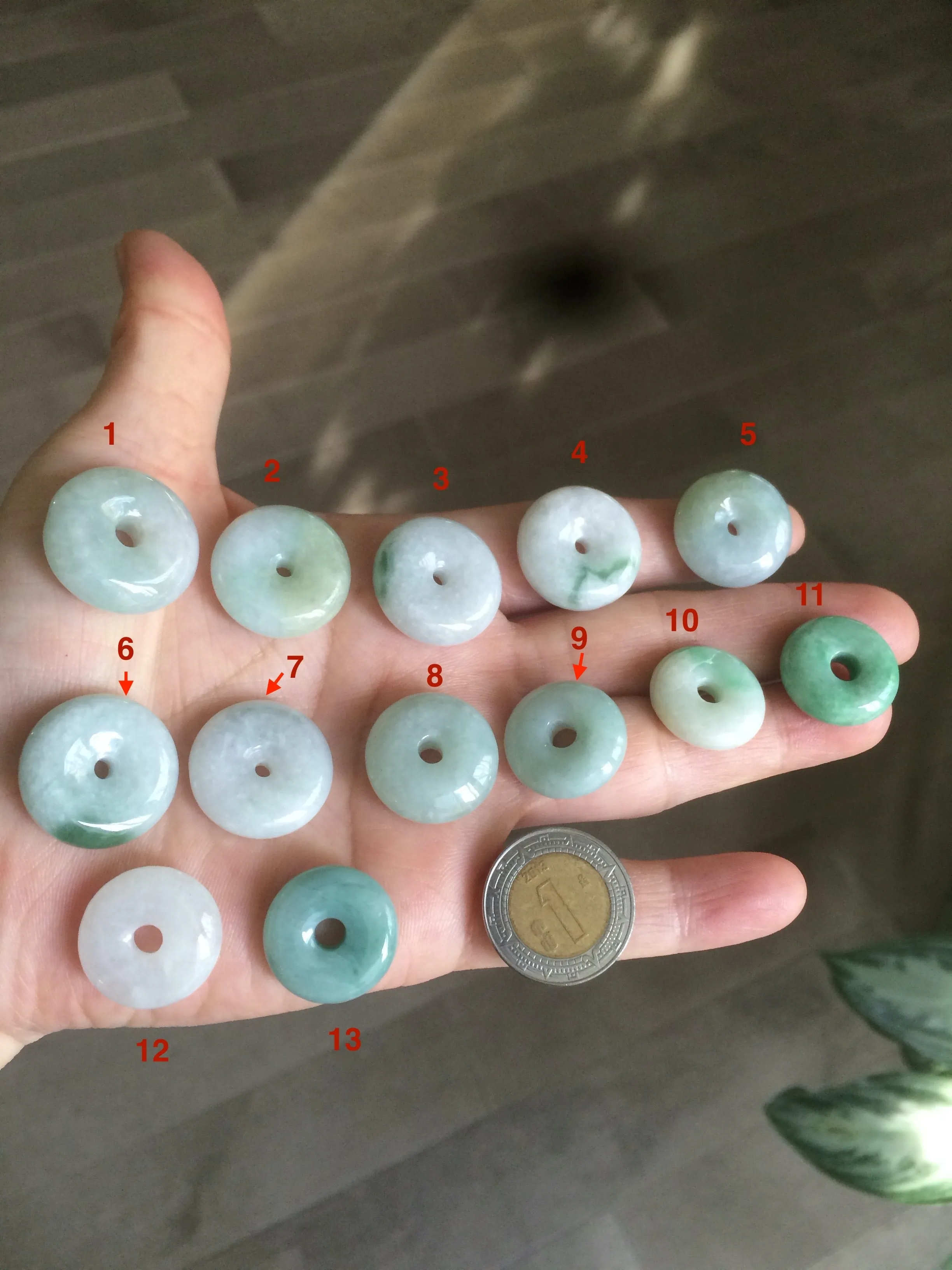 17.8-21mm Type A 100% Natural green/white Jadeite Jade Safety Guardian Button donut Pendant group AD33