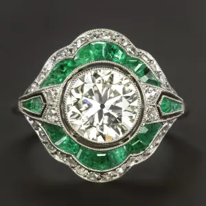 1.89ct DIAMOND EMERALD VINTAGE STYLE COCKTAIL RING OLD CUT PLATINUM CERTIFIED