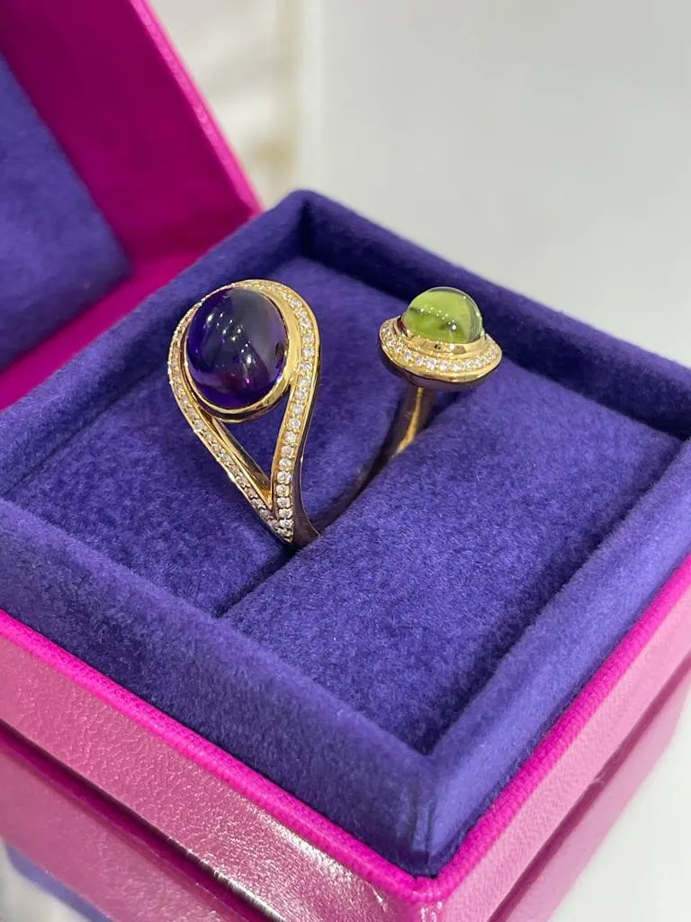 18ct Gold Open Ring With Cabochon Amethyst, Citrine & Diamonds