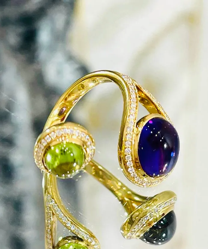 18ct Gold Open Ring With Cabochon Amethyst, Citrine & Diamonds