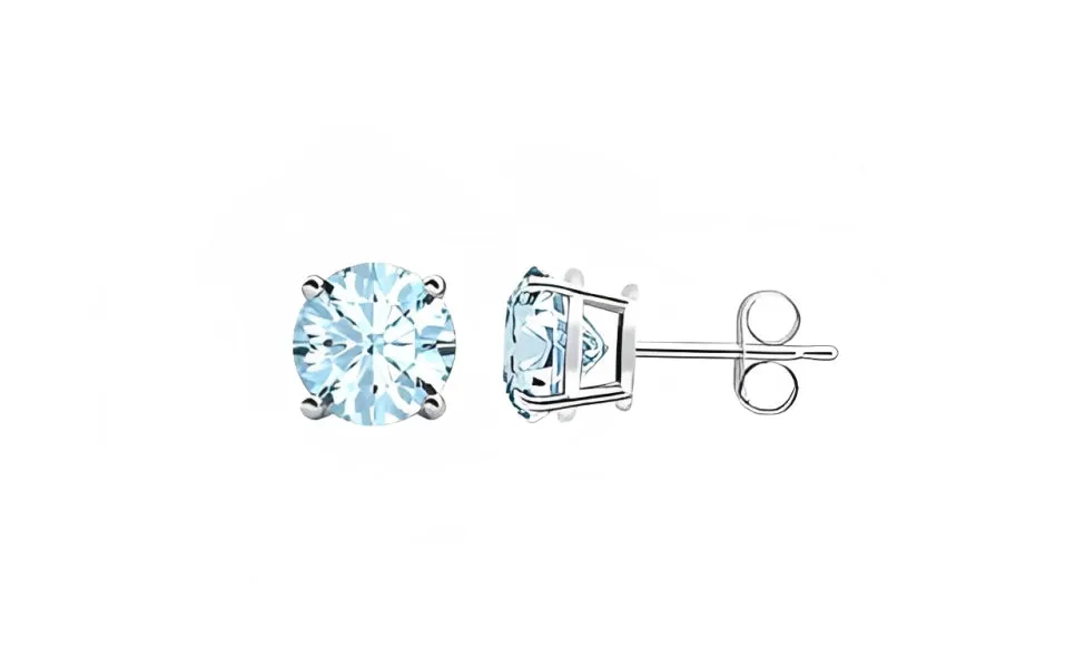 18k White Gold Plated 1/4 Carat Round Created Aquamarine Stud Earrings 4mm