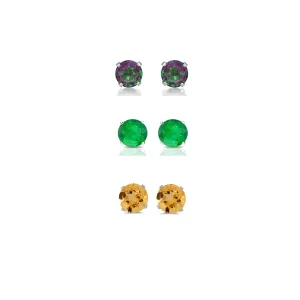 18k White Gold Plated 3Ct Created Mystic Topaz, Emerald and Citrine 3 Pair Round Stud Earrings