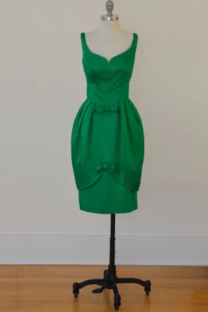 1960's Emerald Green Satin Bombshell Vintage Party Dress with Petal Skirt