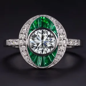 1ct GIA CERTIFIED DIAMOND EMERALD COCKTAIL RING VINTAGE STYLE 14k WHITE GOLD