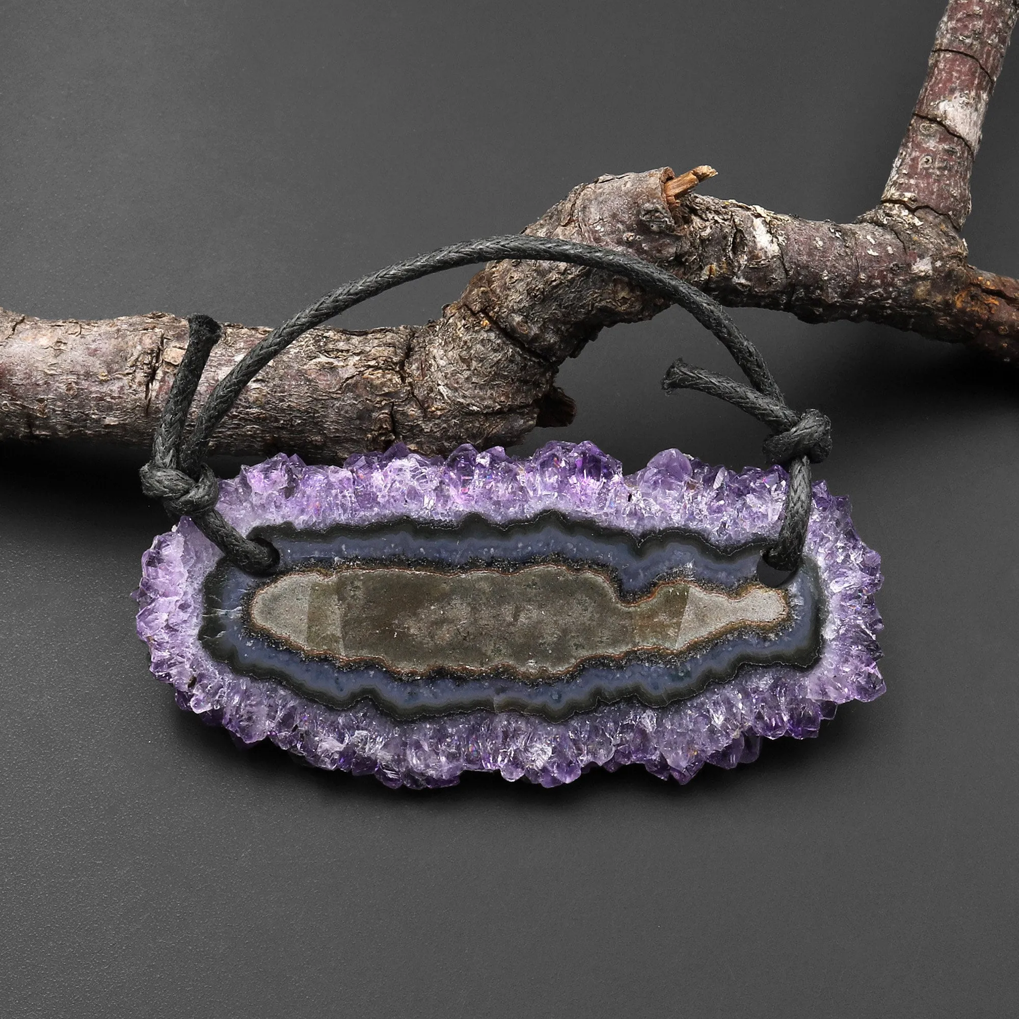 2 Hole Pendant Natural Amethyst Stalactite Flower Pendant Flat Slice Freeform One of a Kind P0120