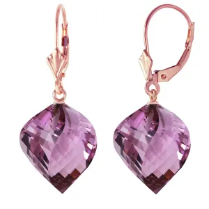 21.5 Carat 14K Solid Rose Gold Leverback Earrings Twisted Briolette Amethyst