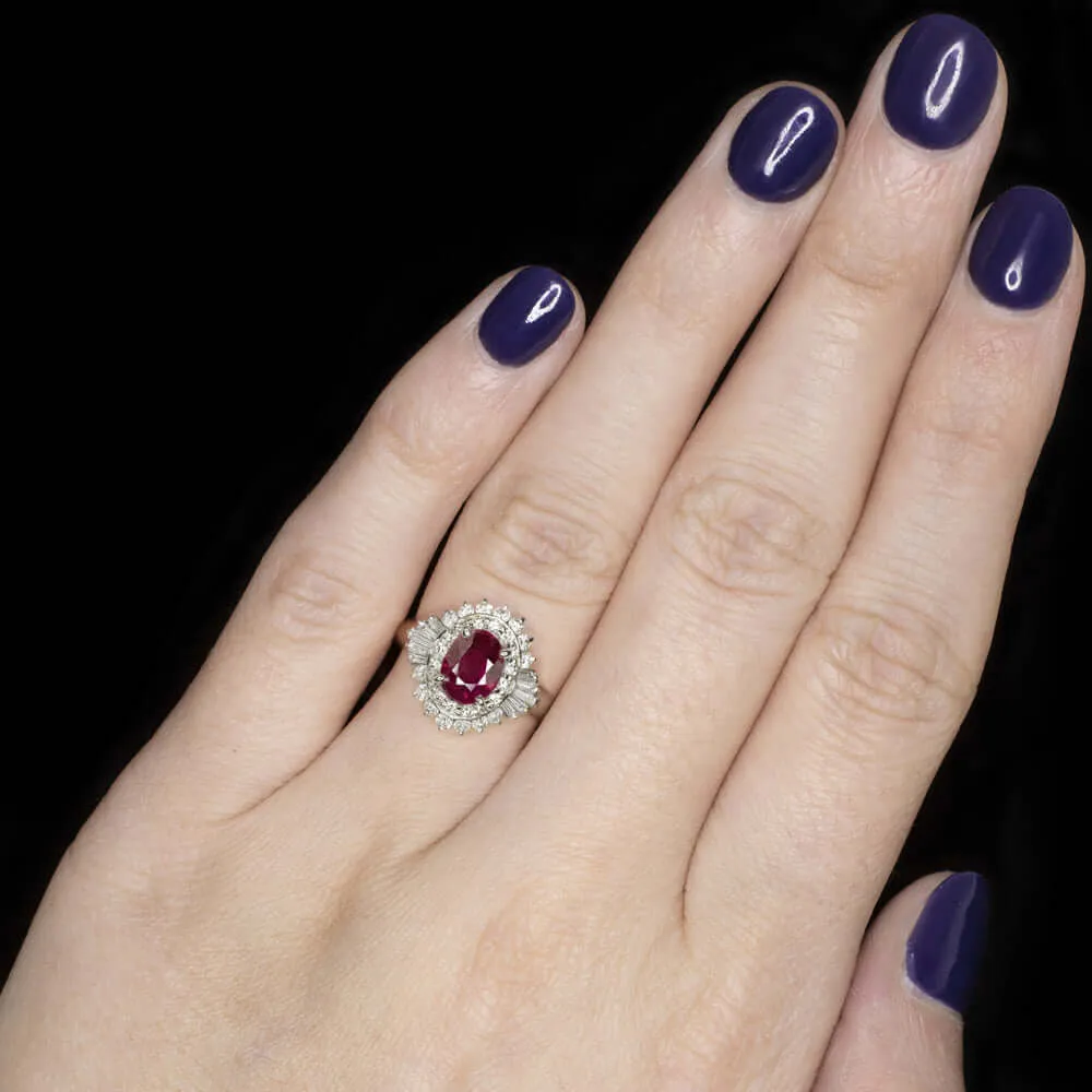 2.2ct GIA CERTIFIED NATURAL RUBY DIAMOND PLATINUM COCKTAIL RING HALO BALLERINA