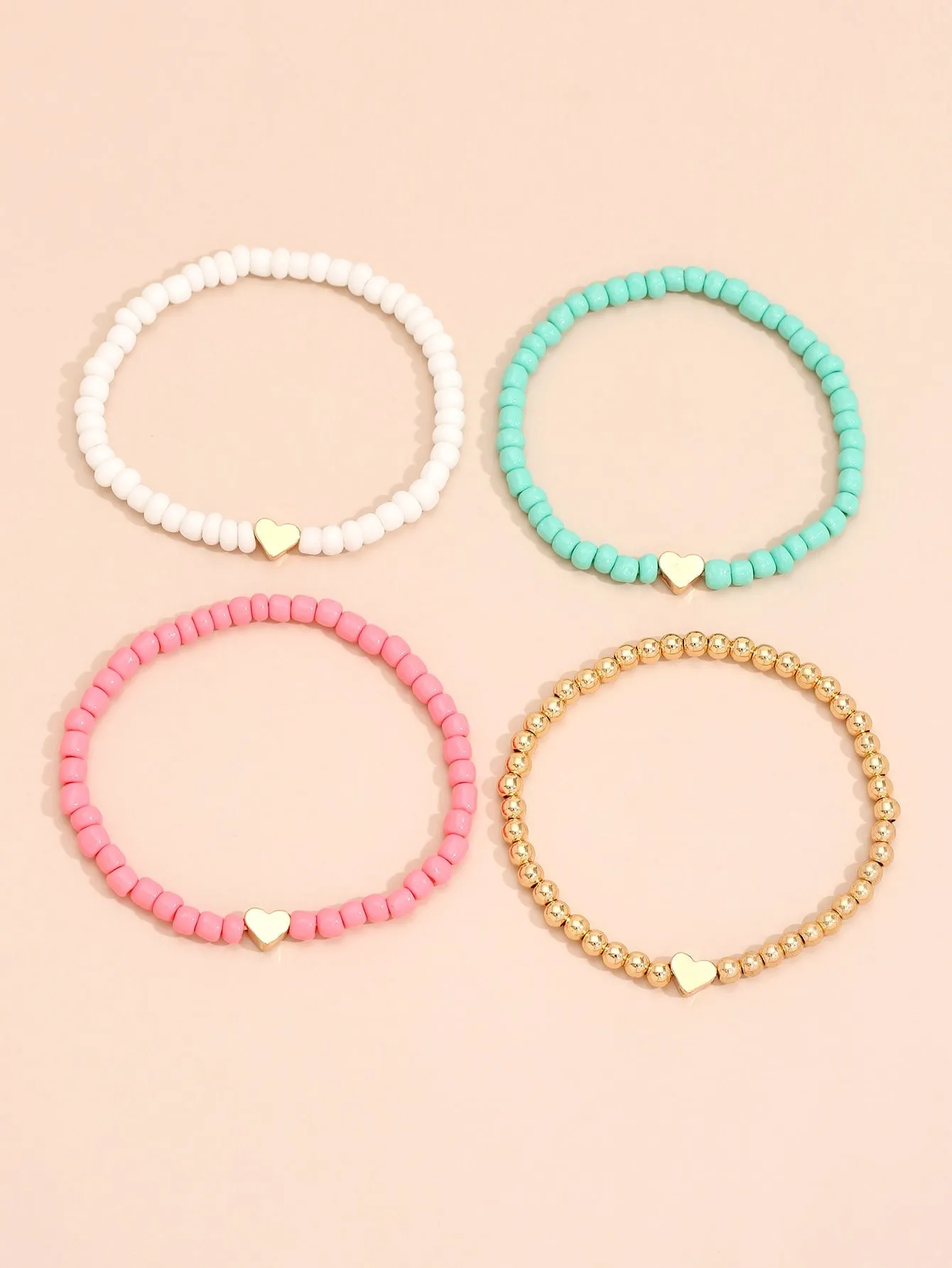 4pcs Heart Decor Beaded Bracelet Heart Elastic Beaded Bracelet Set Candy Color