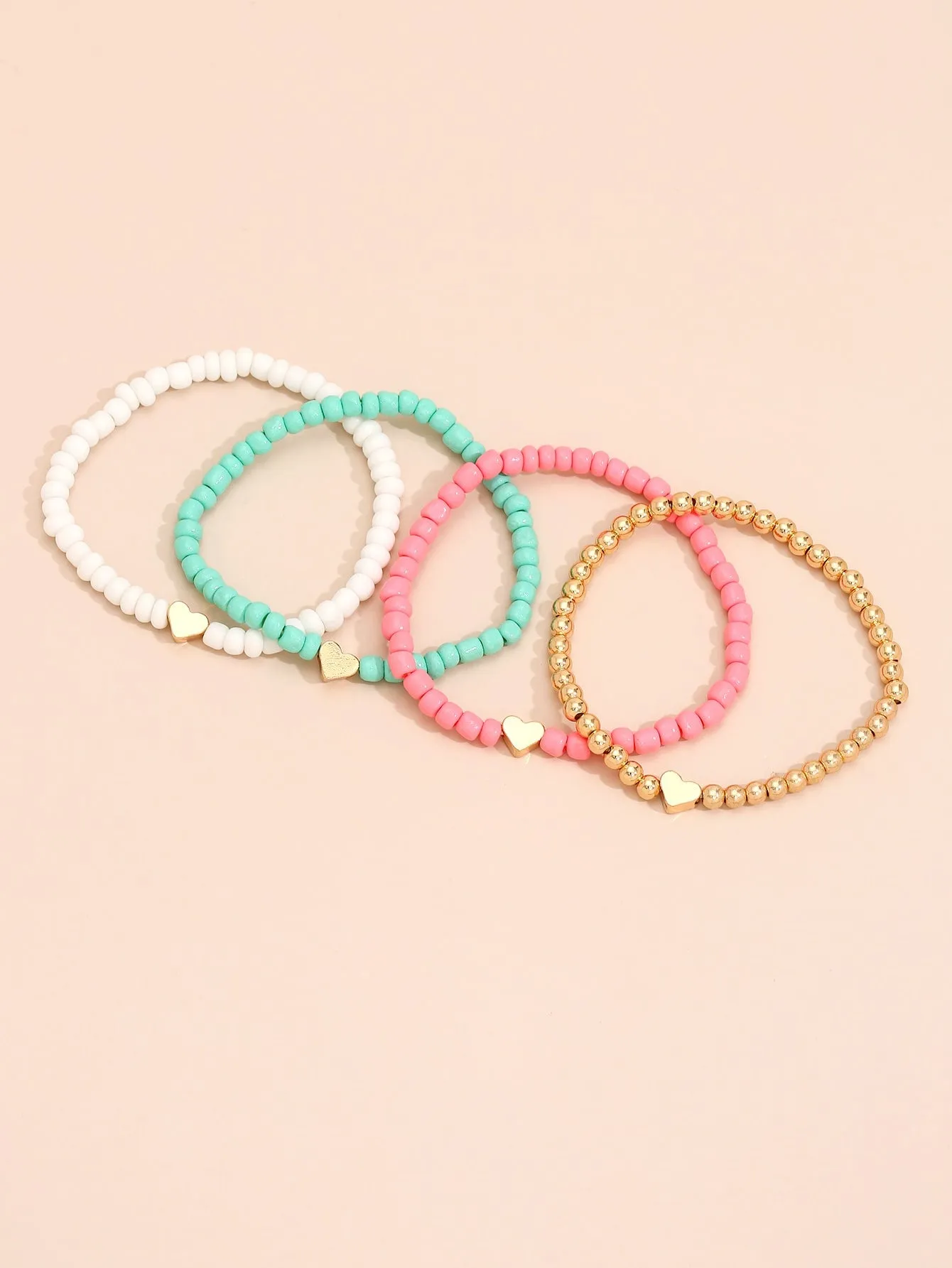 4pcs Heart Decor Beaded Bracelet Heart Elastic Beaded Bracelet Set Candy Color