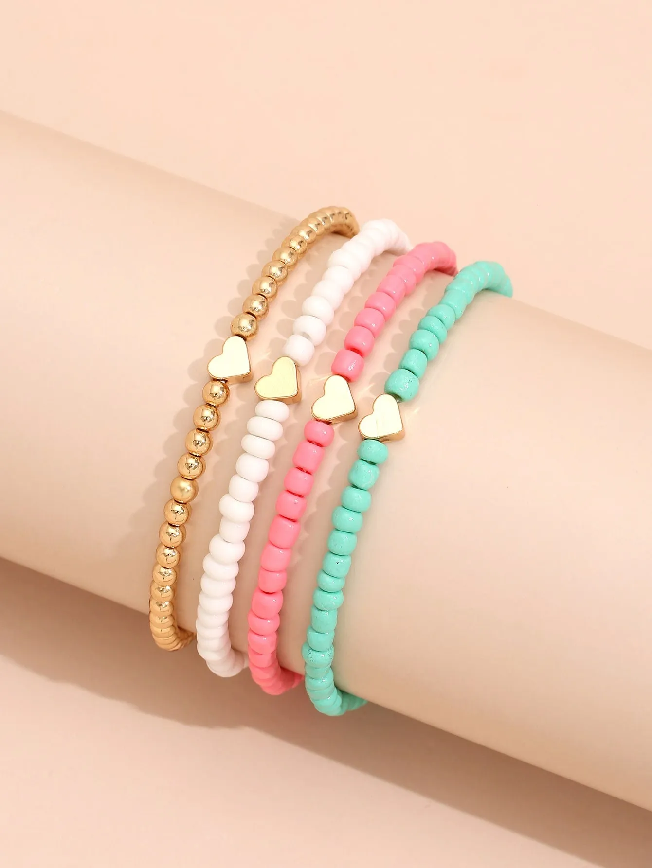 4pcs Heart Decor Beaded Bracelet Heart Elastic Beaded Bracelet Set Candy Color