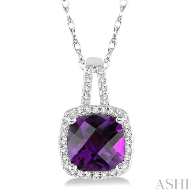 8x8 MM Cushion Shape Amethyst and 1/5 Ctw Round Cut Diamond Pendant in 10K White Gold with Chain