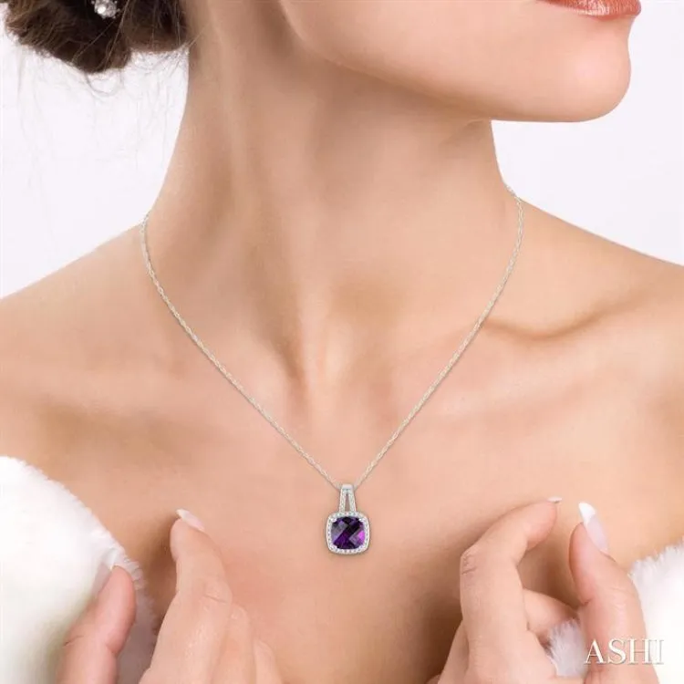 8x8 MM Cushion Shape Amethyst and 1/5 Ctw Round Cut Diamond Pendant in 10K White Gold with Chain