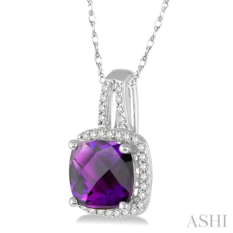 8x8 MM Cushion Shape Amethyst and 1/5 Ctw Round Cut Diamond Pendant in 10K White Gold with Chain