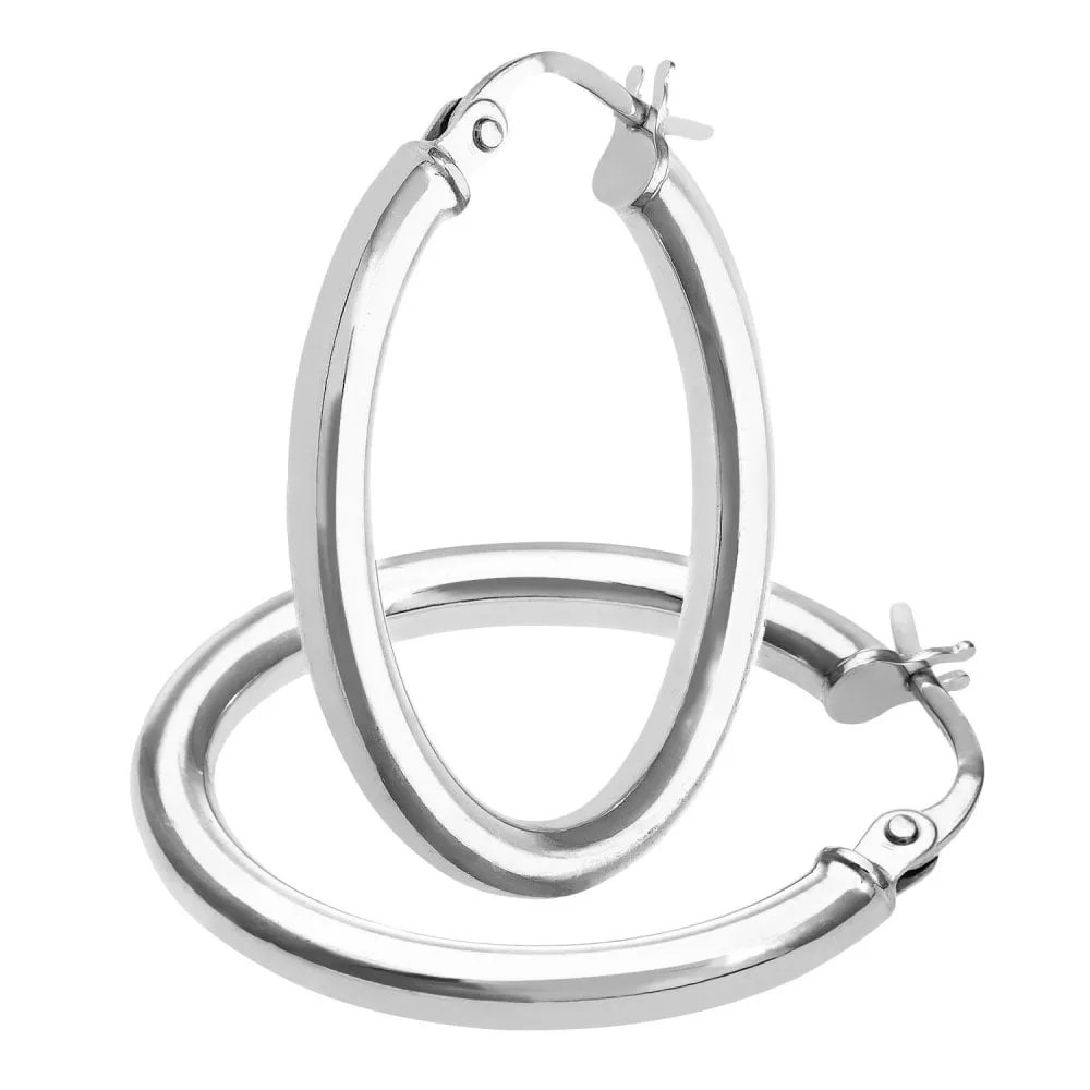 9ct White Gold Oval Hoop Earrings