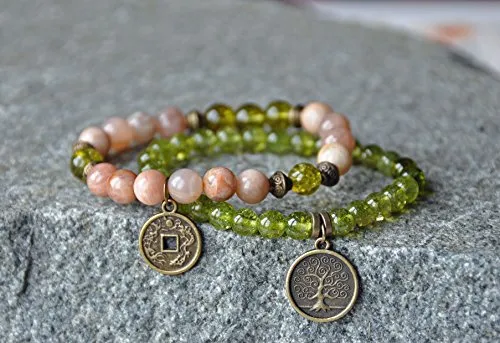 Abundance,Money Bracelet,Sunstone, Peridot,Lucky Mala Gemstone Bracelet,Chakra Bracelet,Healing Meditation,Buddha Yoga Mala