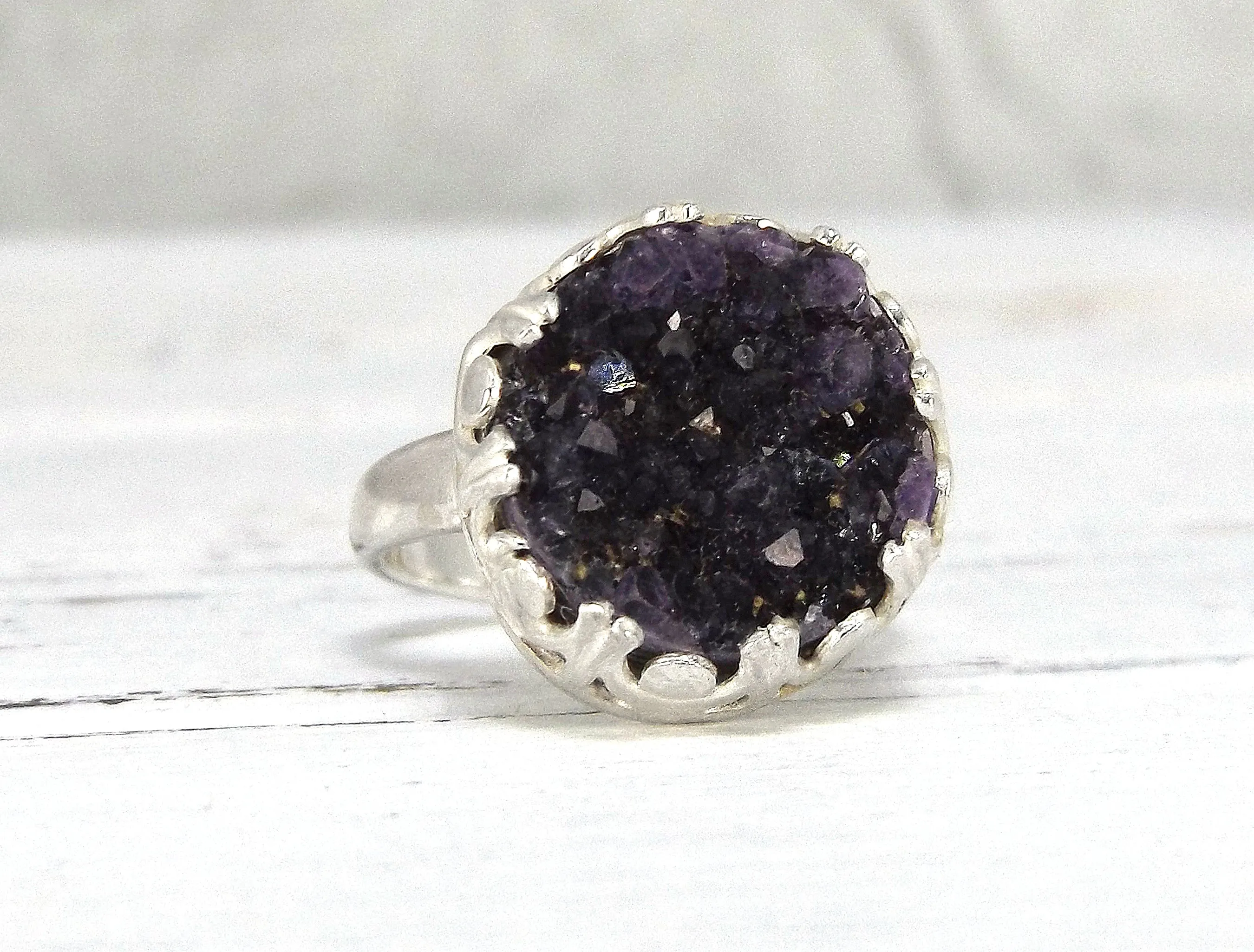 Adjustable Sterling Silver Druzy Amethyst Ring